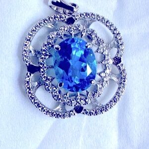 New Spirit Art USA Diamond Peony Blue Topaz Necklace, 2.1 CT Blue Gemstone